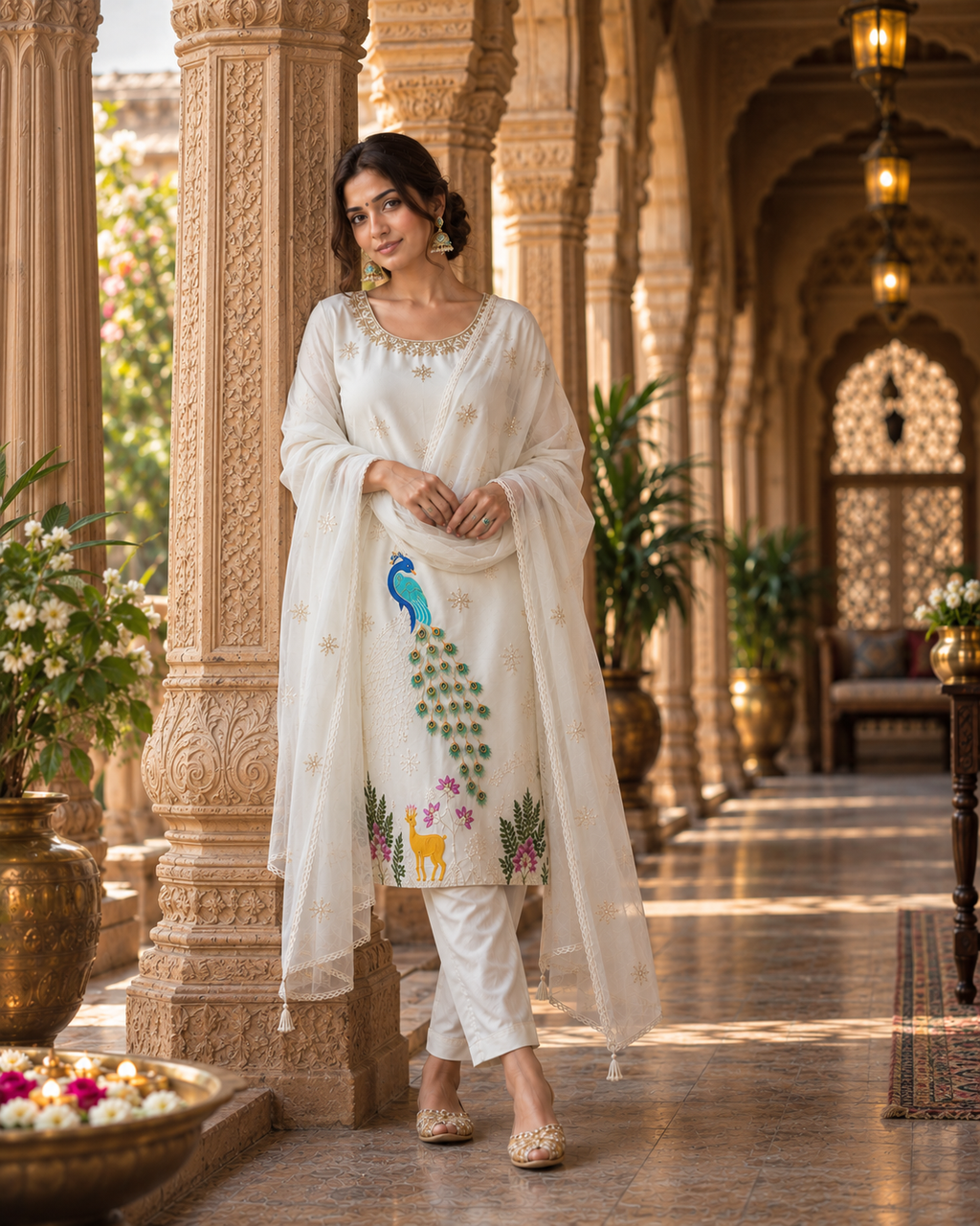 White Embroidered Glass Silk Suit Set with Dupatta