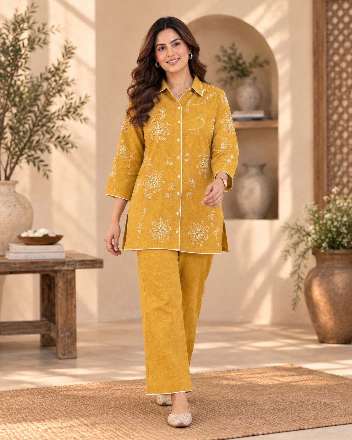 Golden Yellow Embroidered Cotton Slub Co-Ord Set