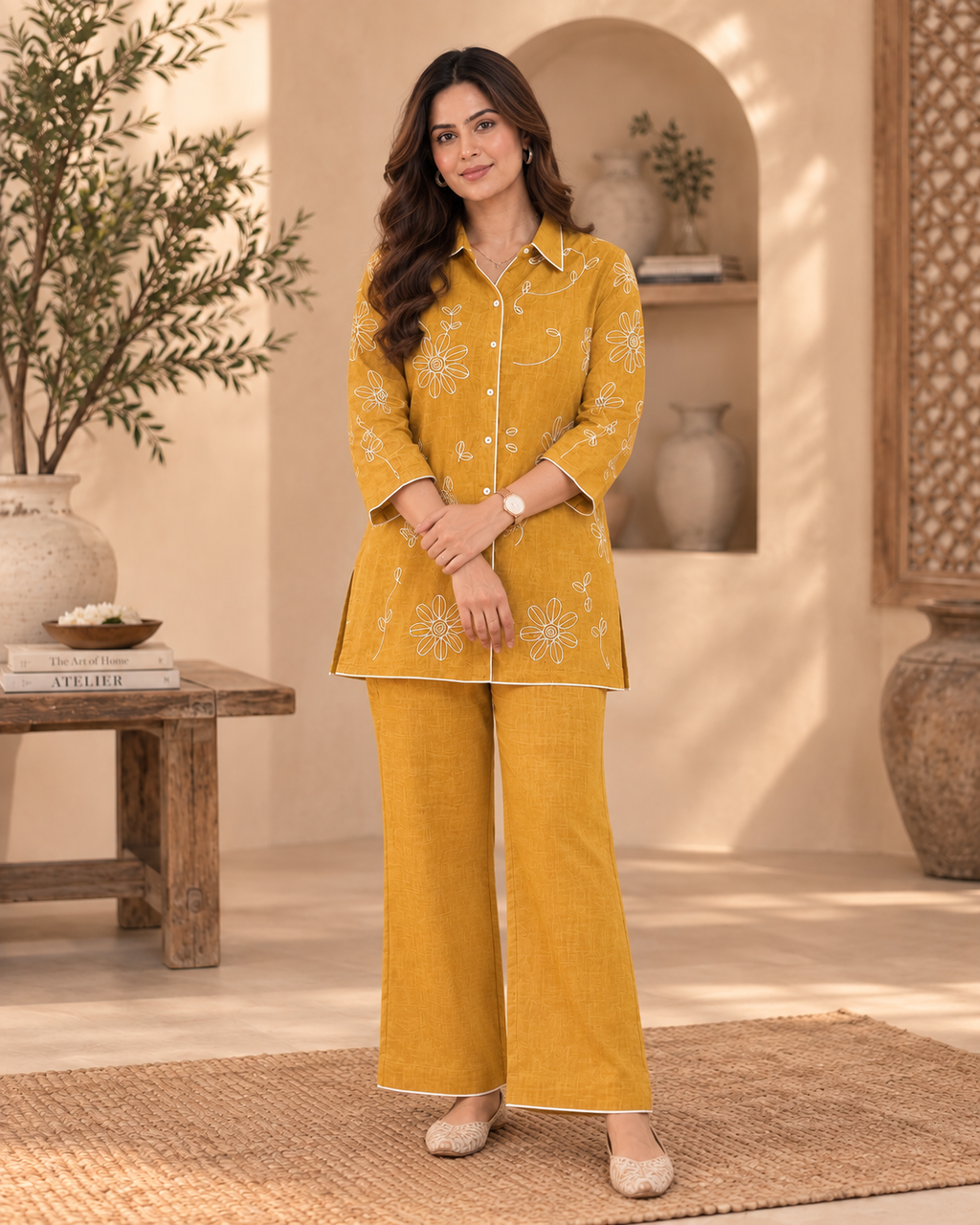 Golden Yellow Embroidered Cotton Slub Co-Ord Set