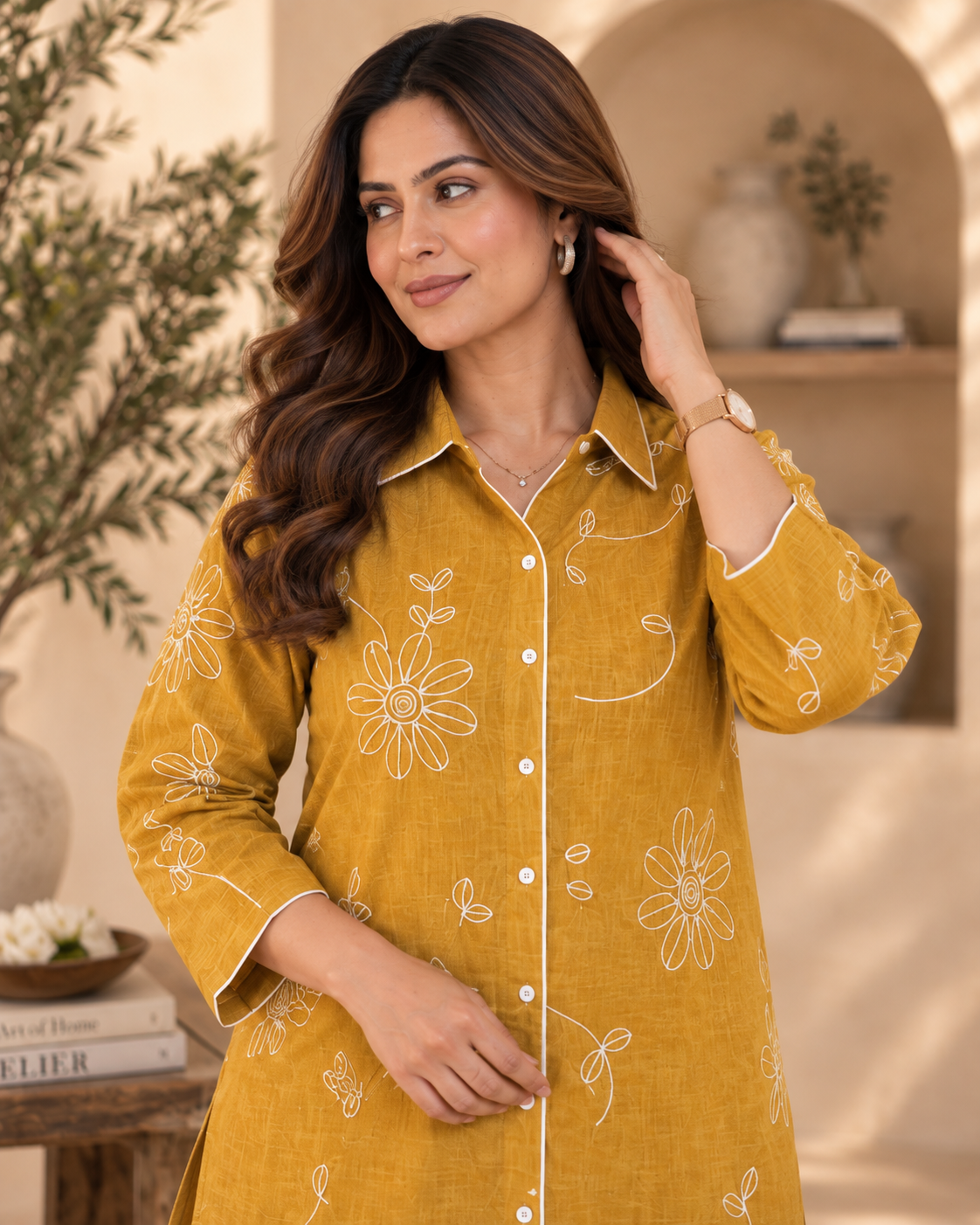 Golden Yellow Embroidered Cotton Slub Co-Ord Set