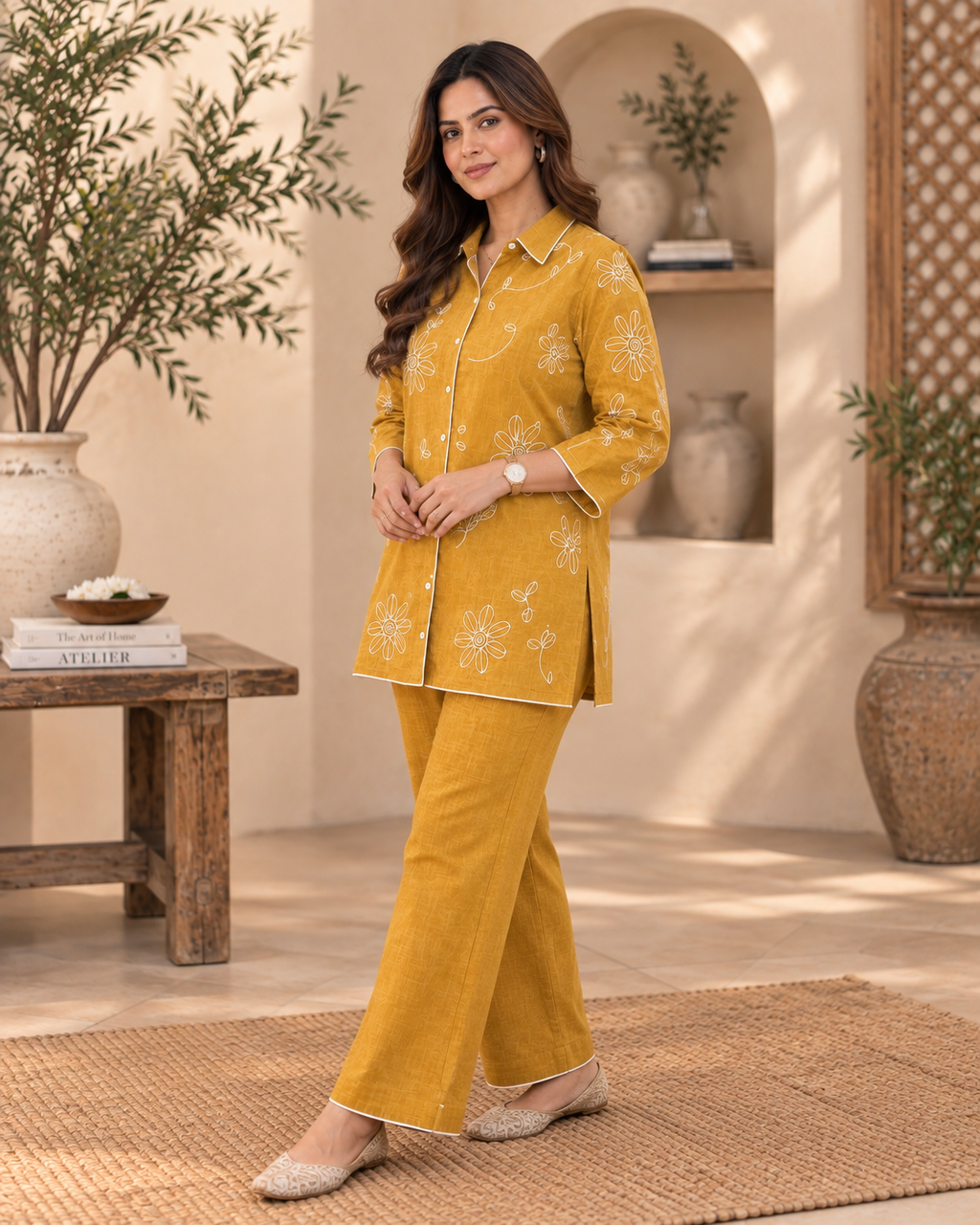 Golden Yellow Embroidered Cotton Slub Co-Ord Set