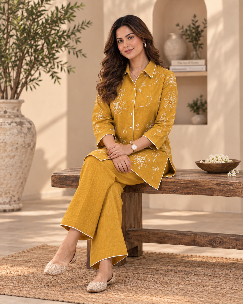 Golden Yellow Embroidered Cotton Slub Co-Ord Set