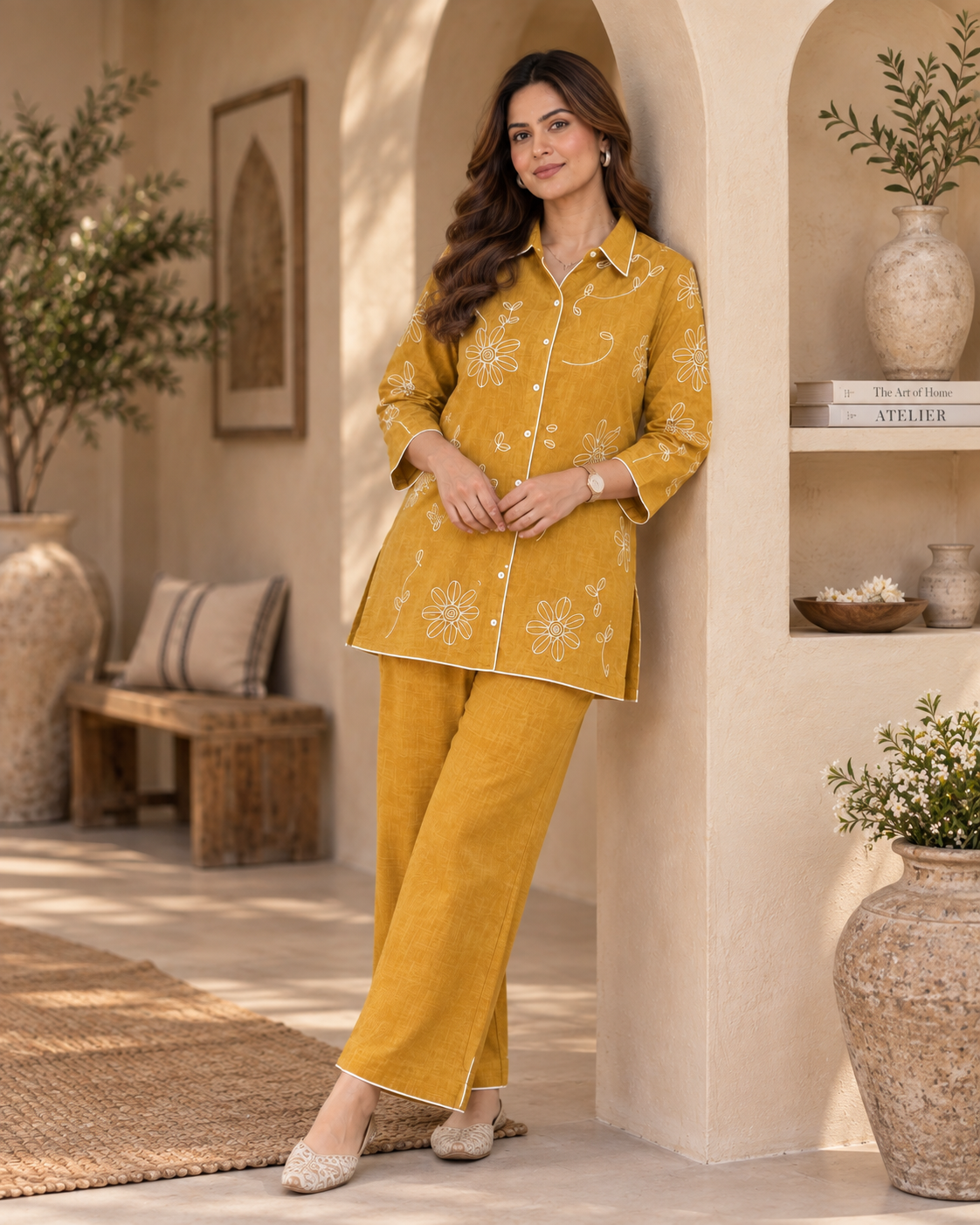 Golden Yellow Embroidered Cotton Slub Co-Ord Set