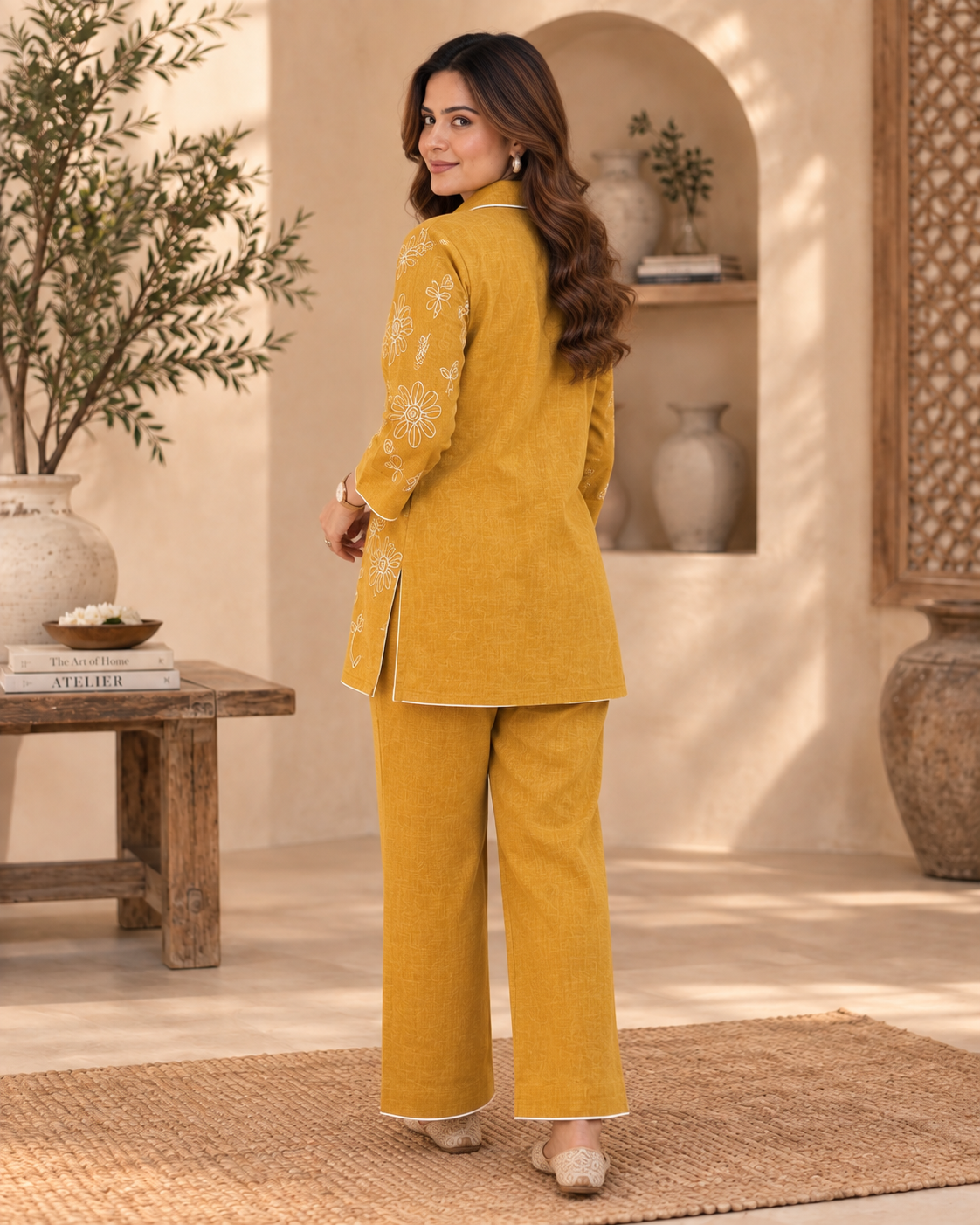 Golden Yellow Embroidered Cotton Slub Co-Ord Set