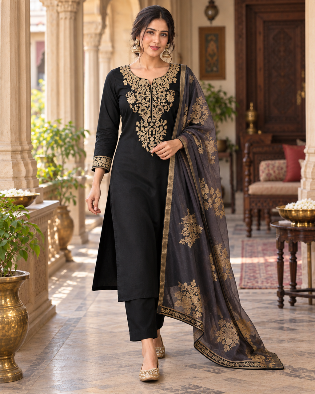 Black Embroidered Roman Silk Suit Set with Dupatta