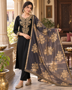 Black Embroidered Roman Silk Suit Set with Dupatta