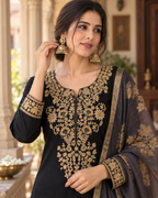 Black Embroidered Roman Silk Suit Set with Dupatta