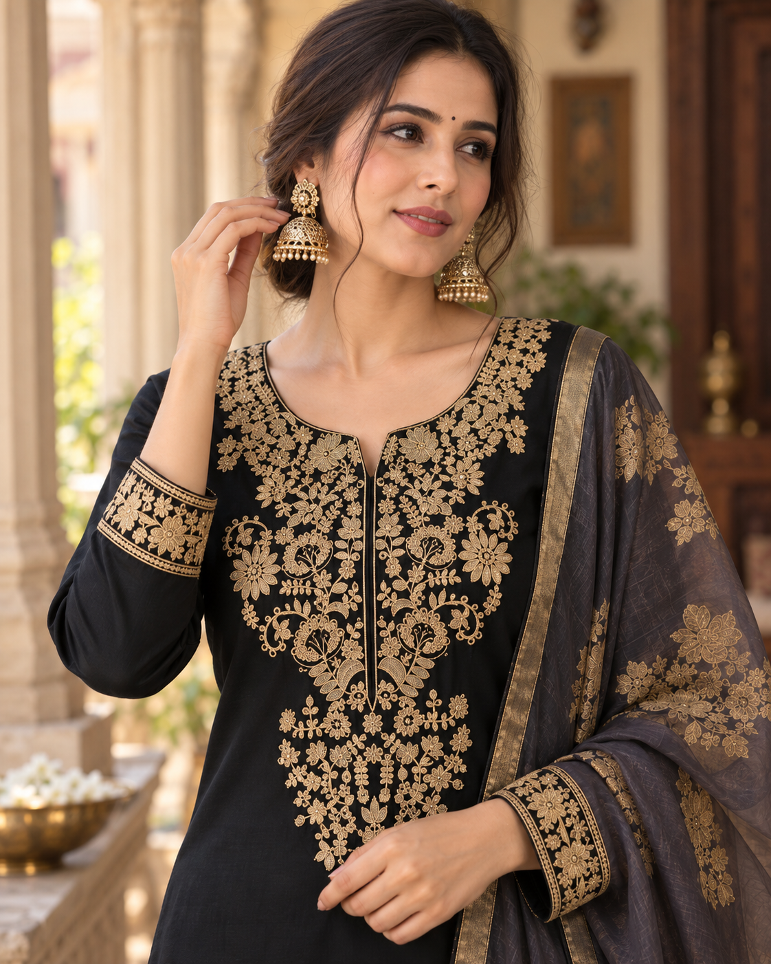 Black Embroidered Roman Silk Suit Set with Dupatta