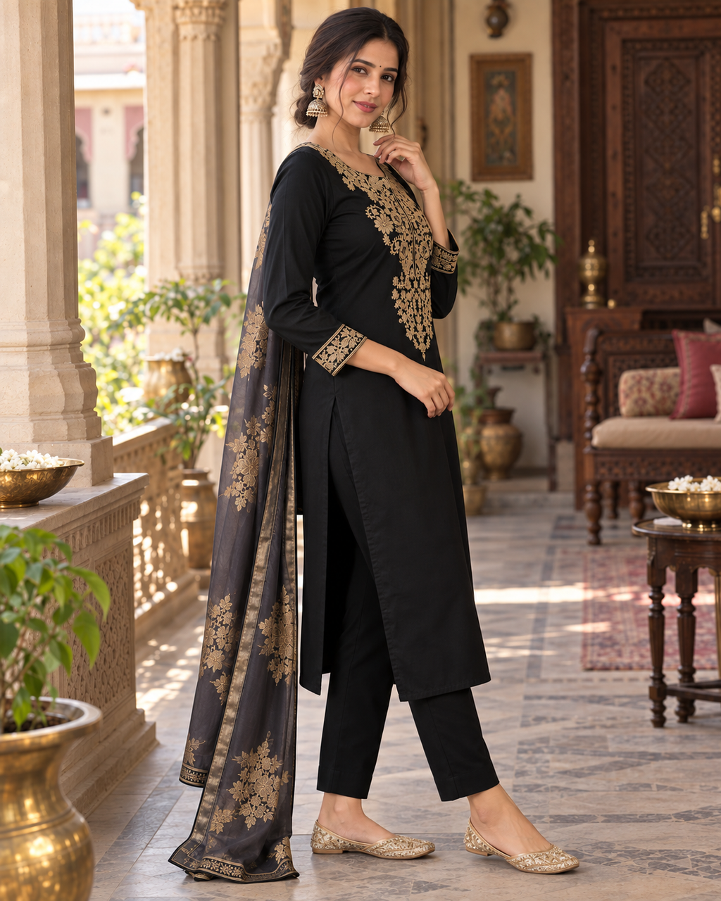 Black Embroidered Roman Silk Suit Set with Dupatta