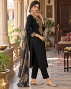 Black Embroidered Roman Silk Suit Set with Dupatta