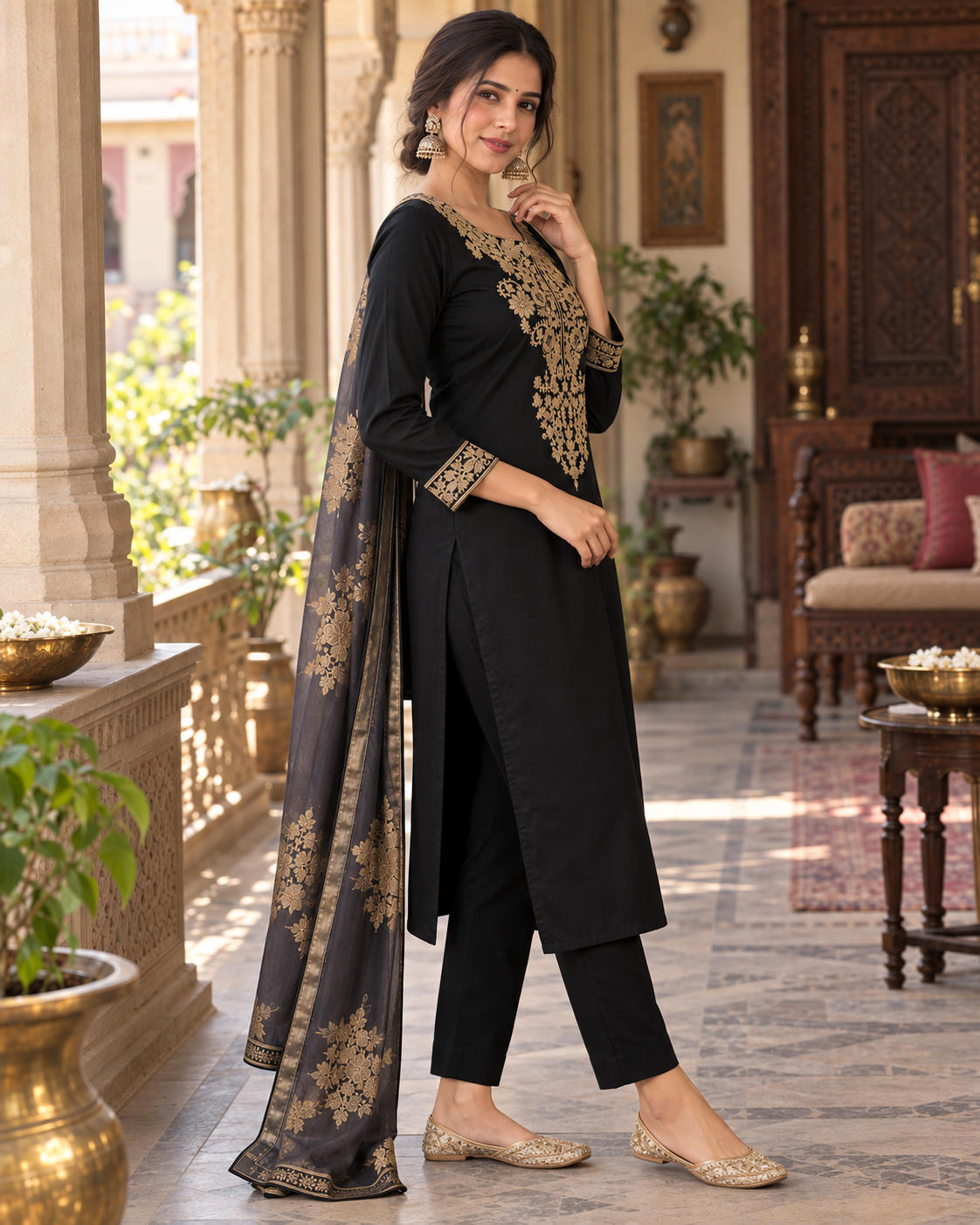 Black Embroidered Roman Silk Suit Set with Dupatta