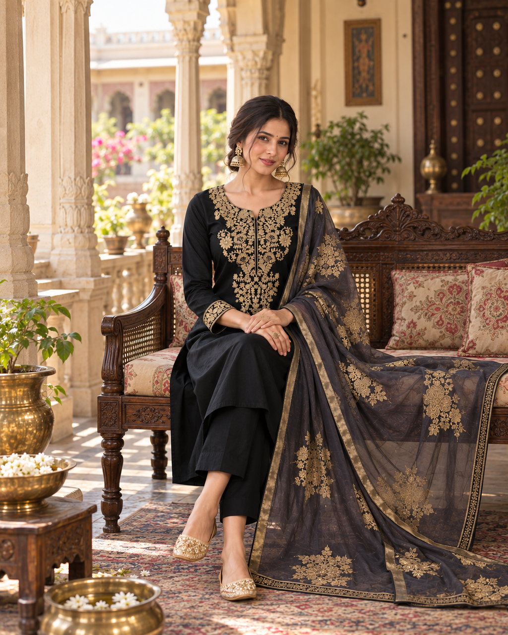 Black Embroidered Roman Silk Suit Set with Dupatta