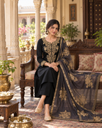 Black Embroidered Roman Silk Suit Set with Dupatta