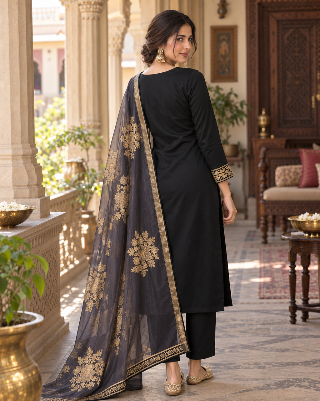 Black Embroidered Roman Silk Suit Set with Dupatta