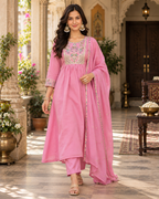 Dusky Rose Embroidered Mul Chanderi Suit Set with Dupatta