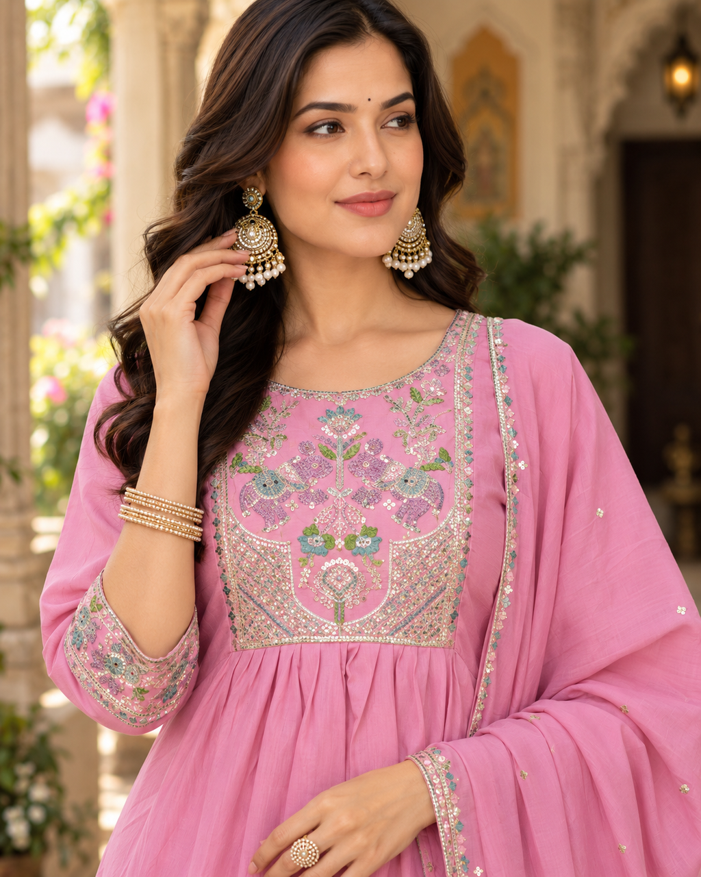 Dusky Rose Embroidered Mul Chanderi Suit Set with Dupatta
