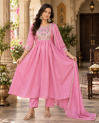 Dusky Rose Embroidered Mul Chanderi Suit Set with Dupatta