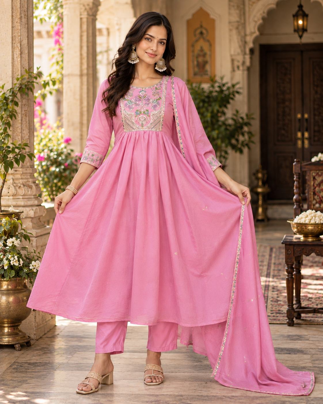 Dusky Rose Embroidered Mul Chanderi Suit Set with Dupatta