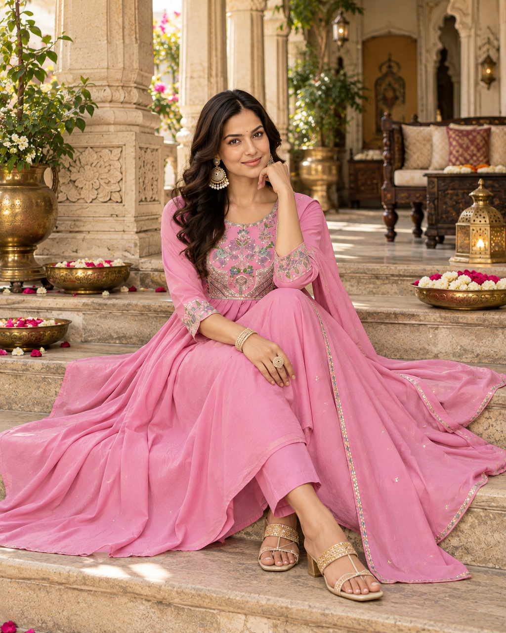 Dusky Rose Embroidered Mul Chanderi Suit Set with Dupatta