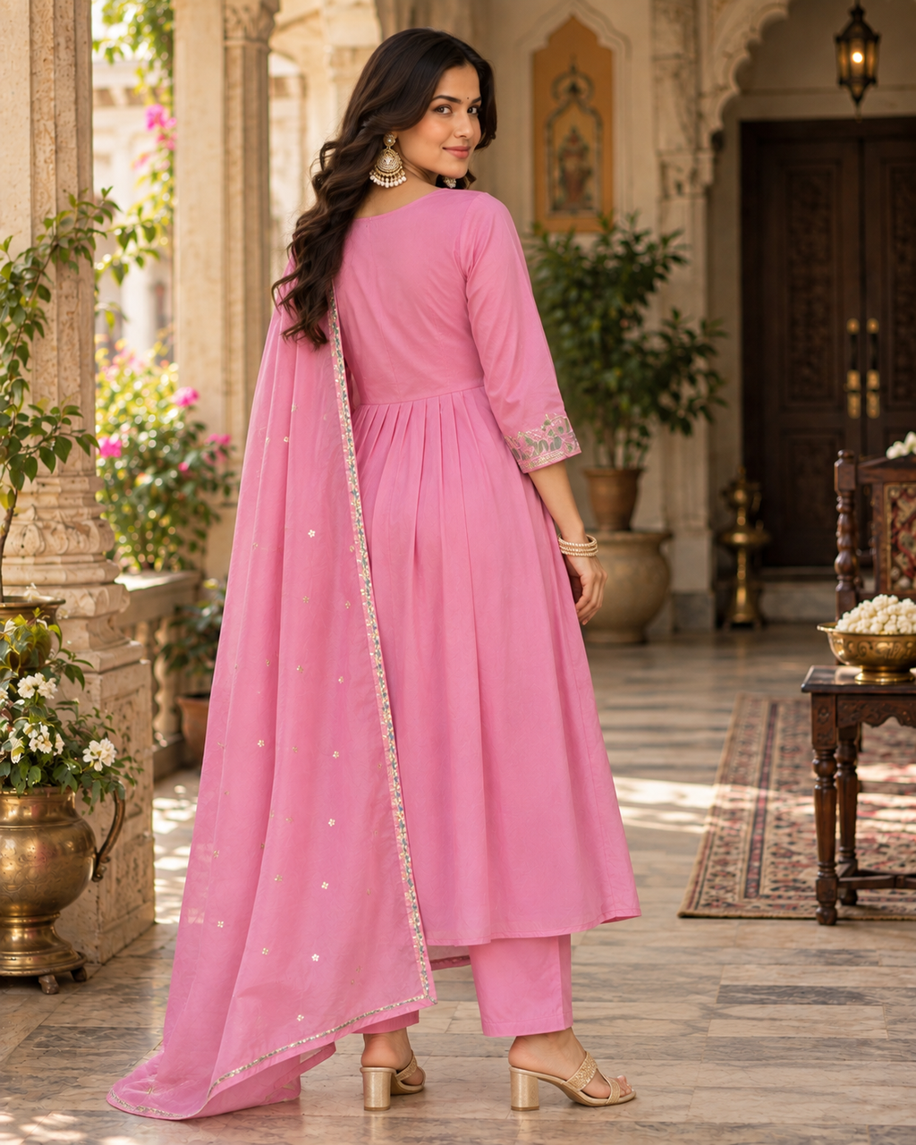 Dusky Rose Embroidered Mul Chanderi Suit Set with Dupatta