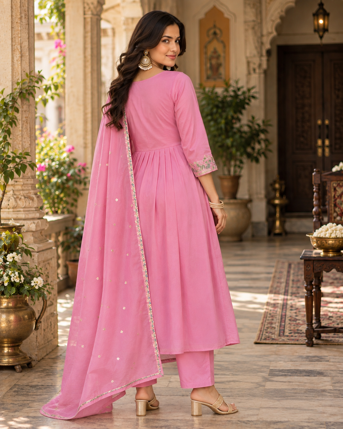 Dusky Rose Embroidered Mul Chanderi Suit Set with Dupatta