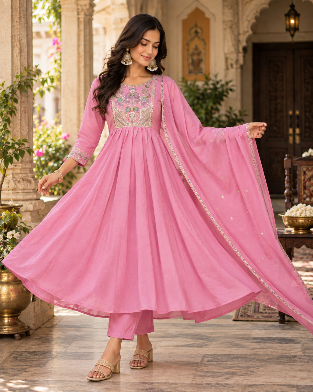 Dusky Rose Embroidered Mul Chanderi Suit Set with Dupatta