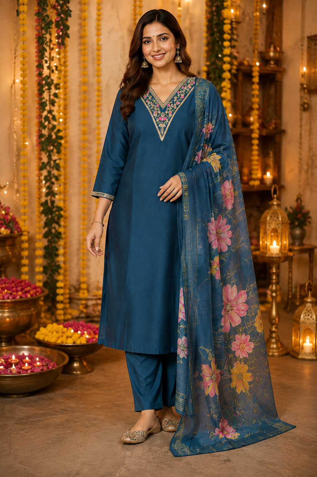 Teal Blue Embroidered Roman Silk Suit Set with Dupatta