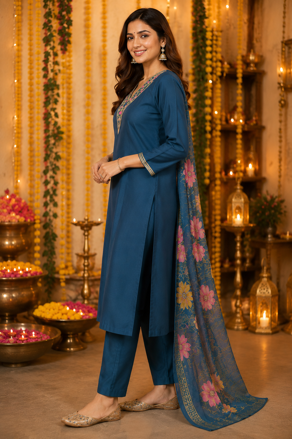 Teal Blue Embroidered Roman Silk Suit Set with Dupatta