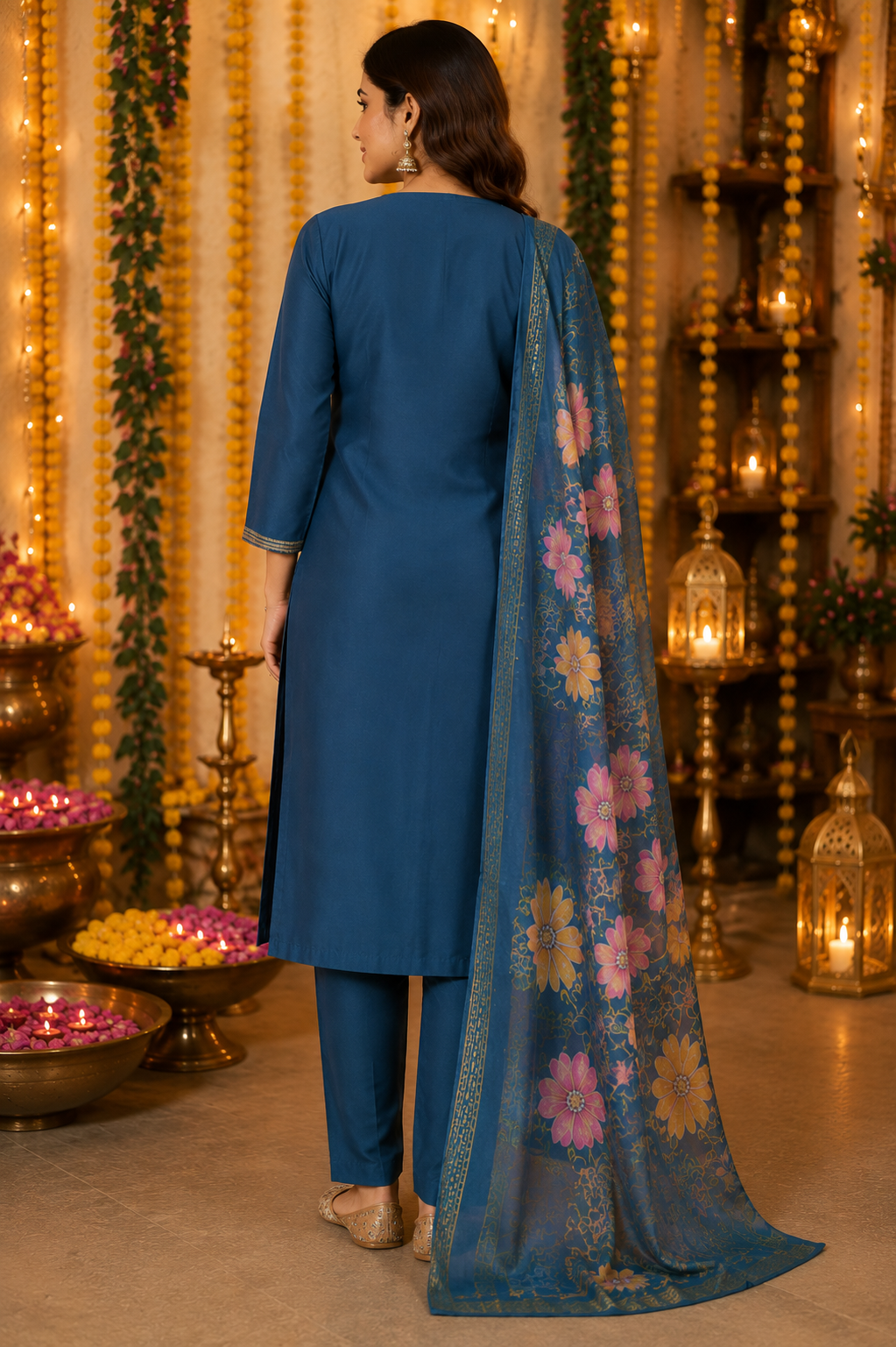 Teal Blue Embroidered Roman Silk Suit Set with Dupatta