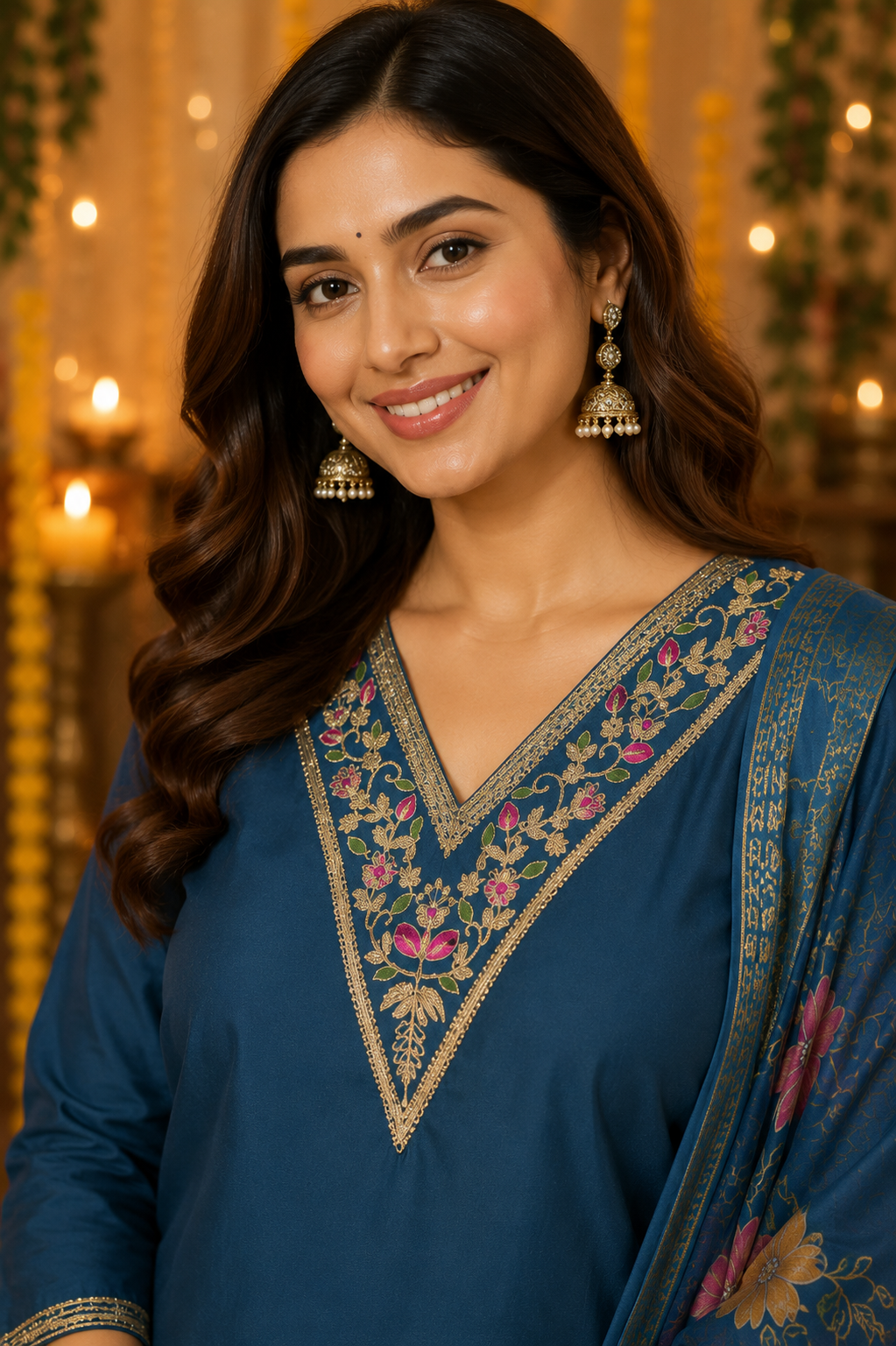 Teal Blue Embroidered Roman Silk Suit Set with Dupatta