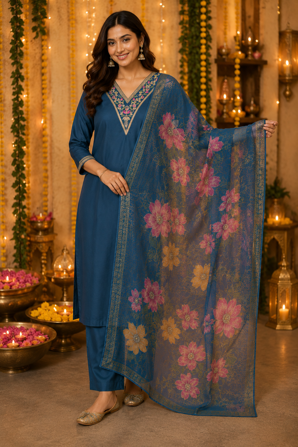 Teal Blue Embroidered Roman Silk Suit Set with Dupatta