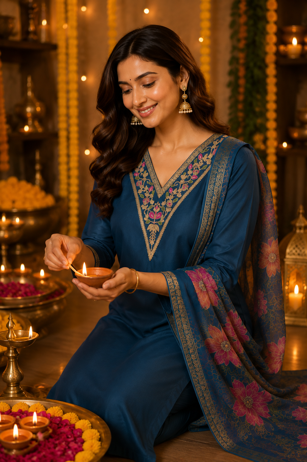 Teal Blue Embroidered Roman Silk Suit Set with Dupatta