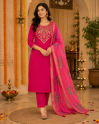 Red Embroidered Roman Silk Suit Set with Dupatta