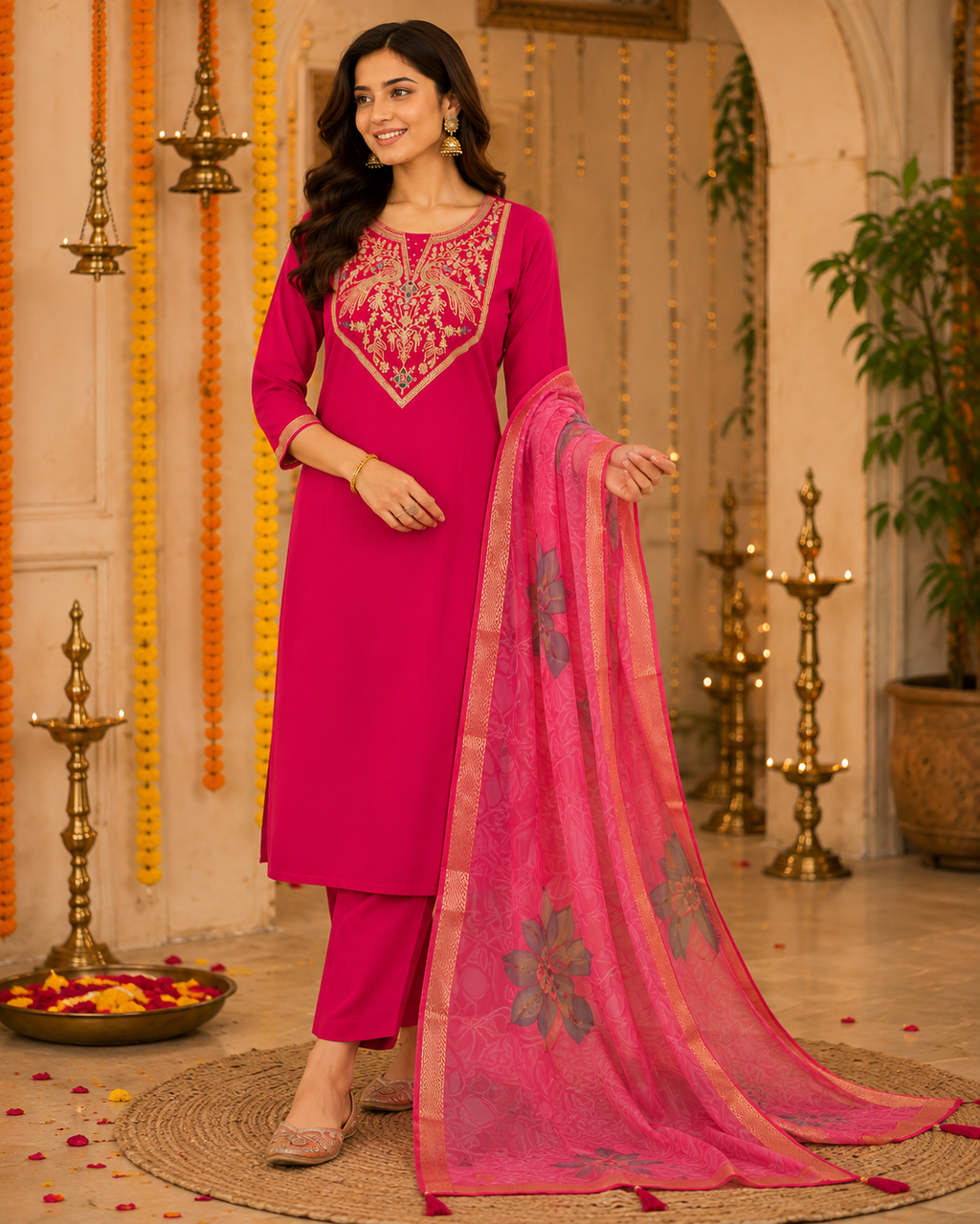 Red Embroidered Roman Silk Suit Set with Dupatta