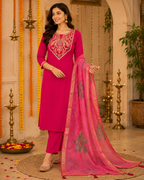 Red Embroidered Roman Silk Suit Set with Dupatta