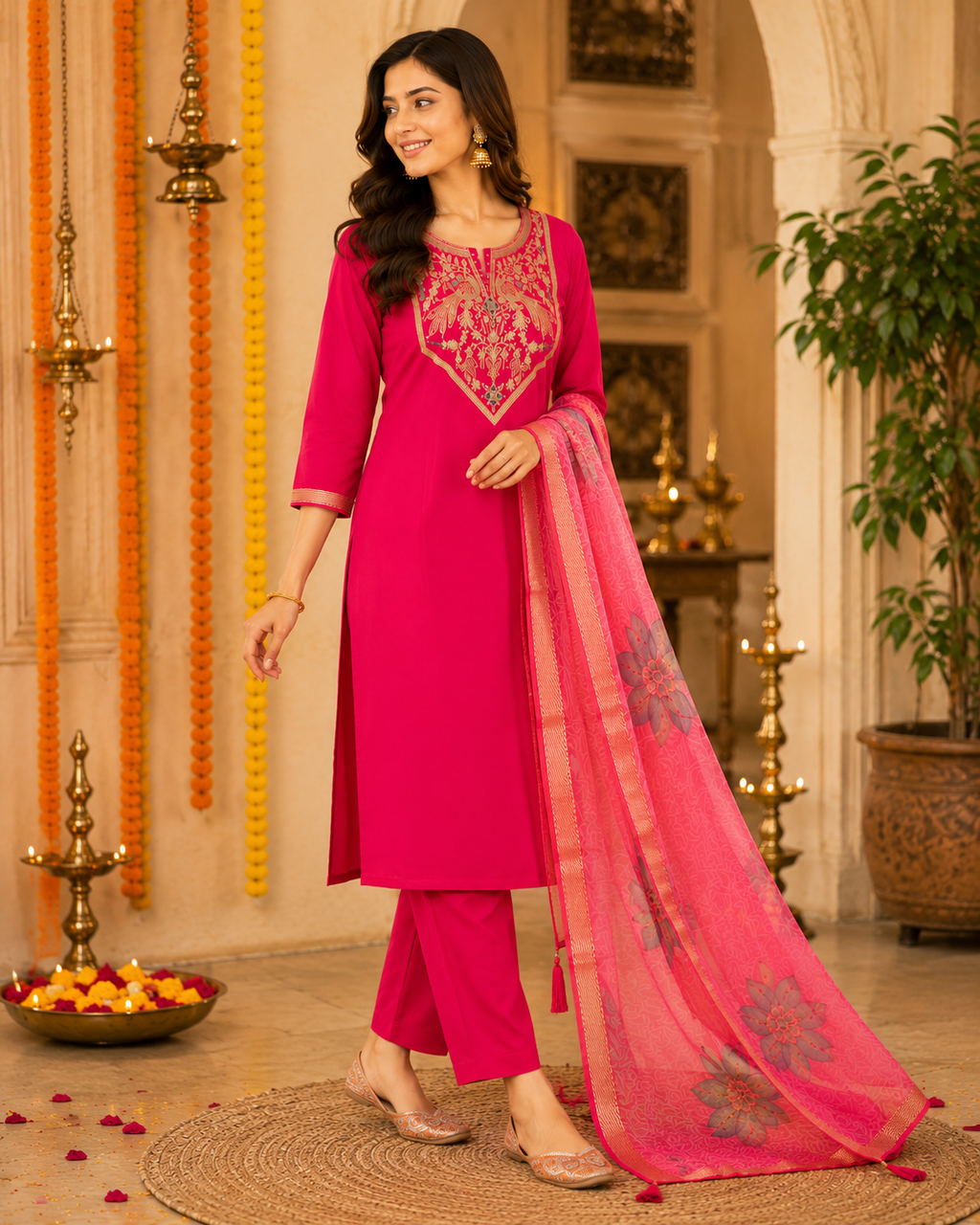 Red Embroidered Roman Silk Suit Set with Dupatta