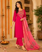 Red Embroidered Roman Silk Suit Set with Dupatta