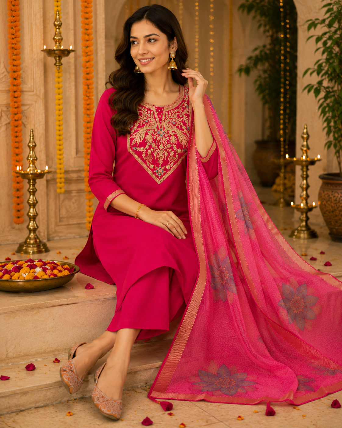 Red Embroidered Roman Silk Suit Set with Dupatta