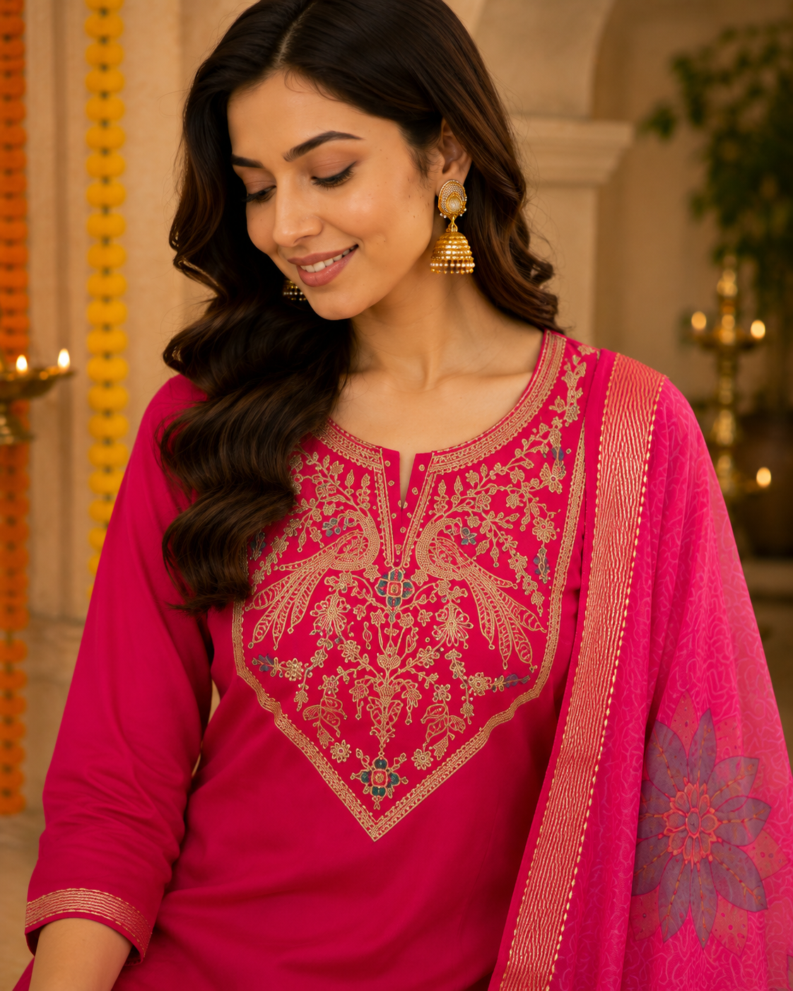 Red Embroidered Roman Silk Suit Set with Dupatta