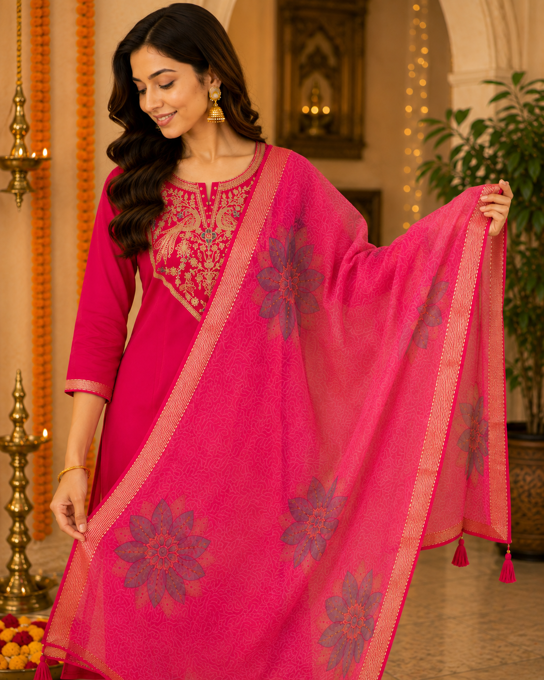 Red Embroidered Roman Silk Suit Set with Dupatta