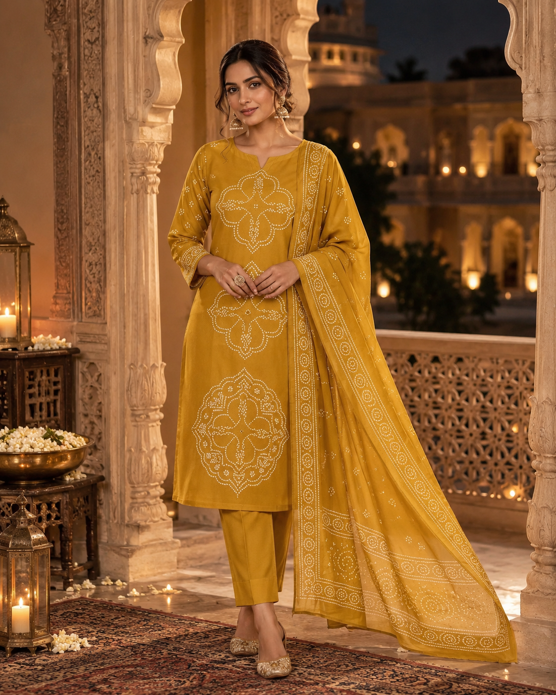 Mustard Yellow Printed Muslin Suit Set