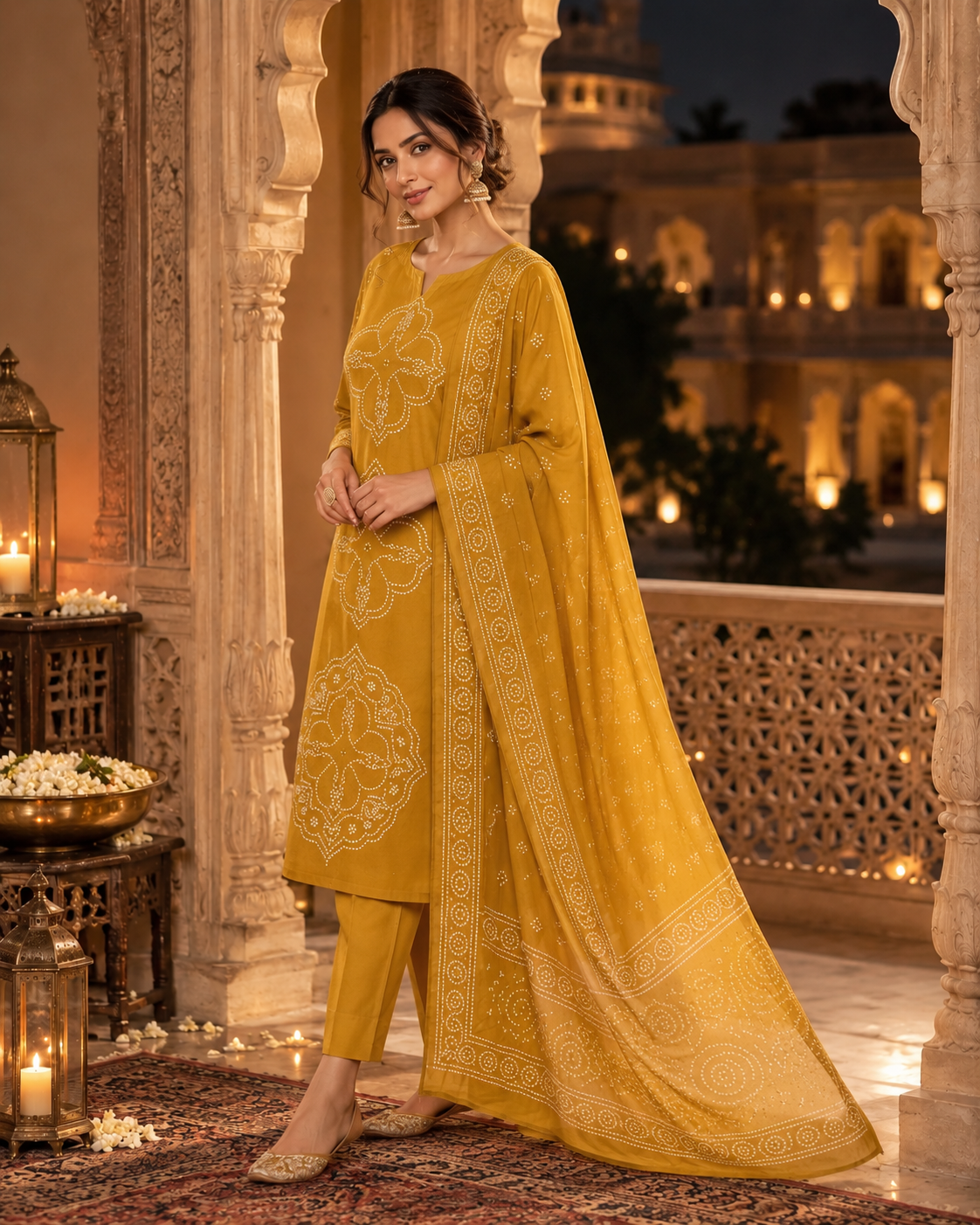 Mustard Yellow Printed Muslin Suit Set
