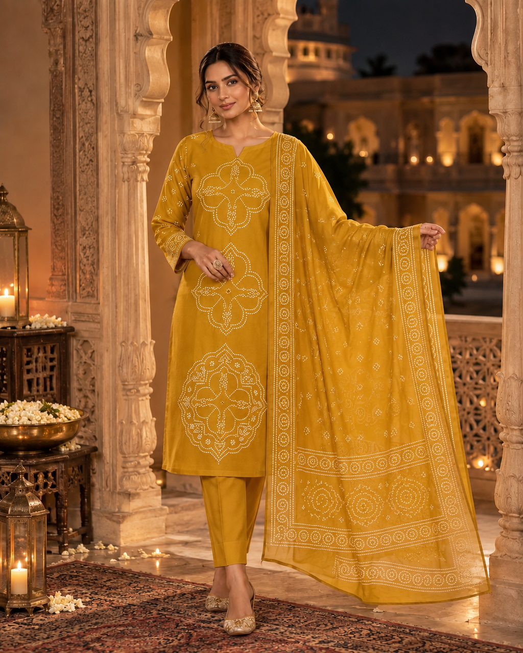 Mustard Yellow Printed Muslin Suit Set