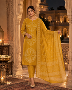 Mustard Yellow Printed Muslin Suit Set