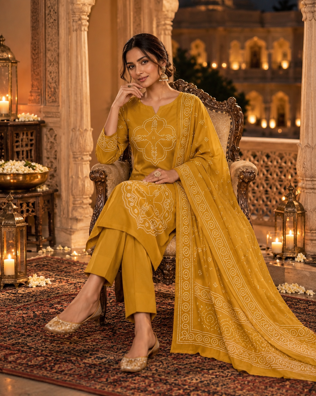 Mustard Yellow Printed Muslin Suit Set