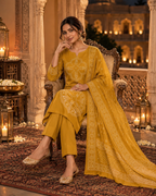 Mustard Yellow Printed Muslin Suit Set