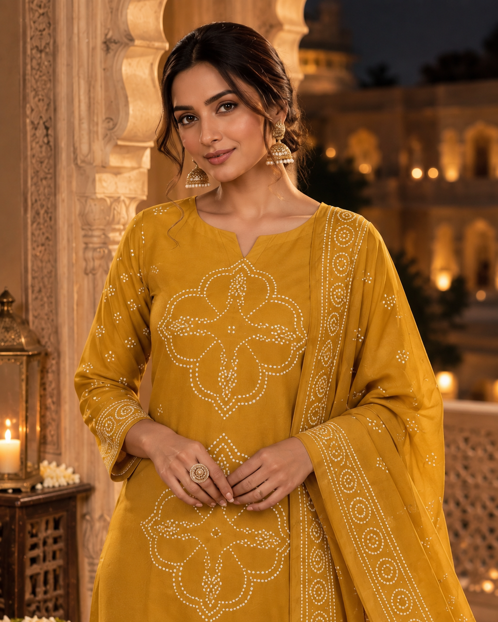 Mustard Yellow Printed Muslin Suit Set