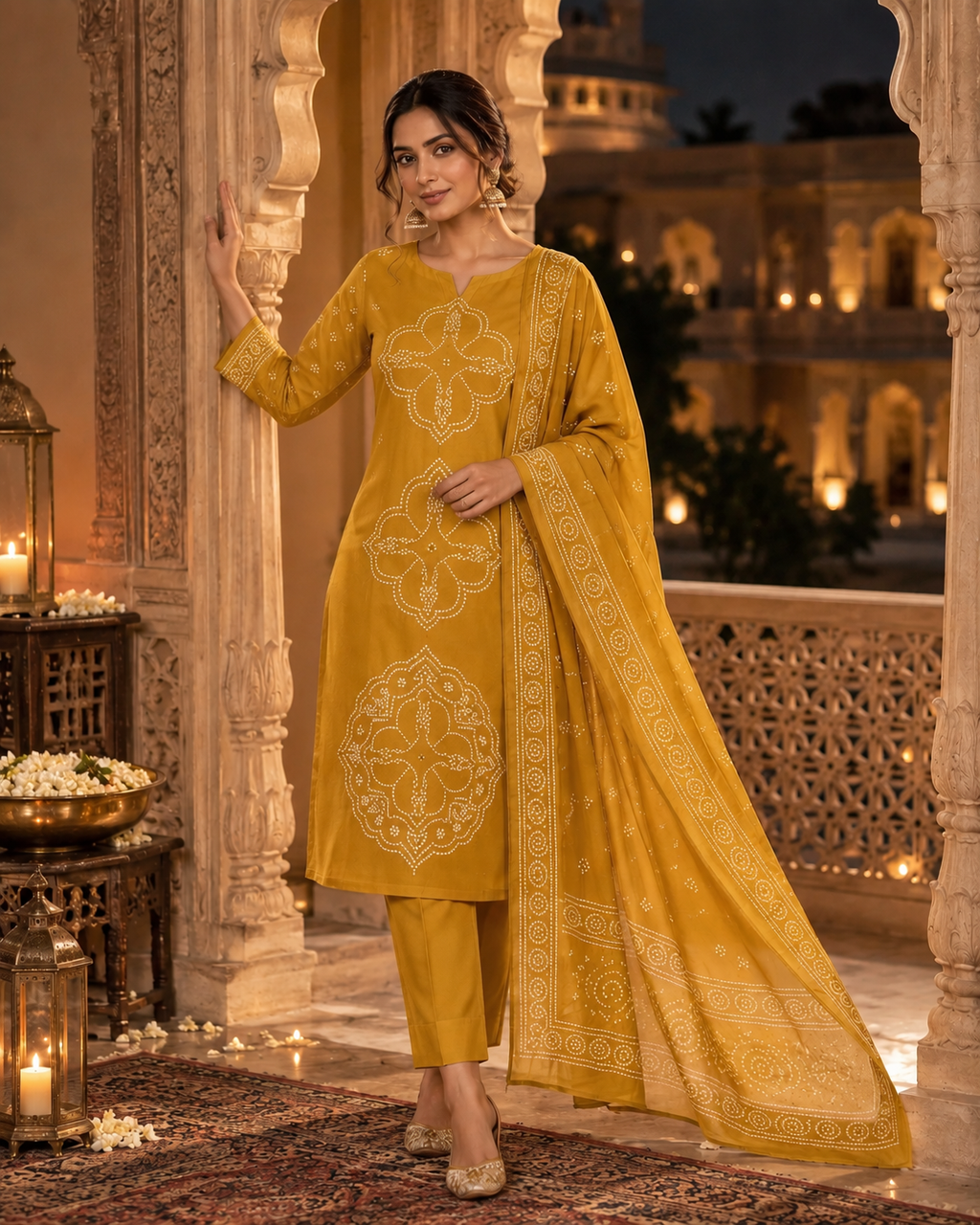 Mustard Yellow Printed Muslin Suit Set