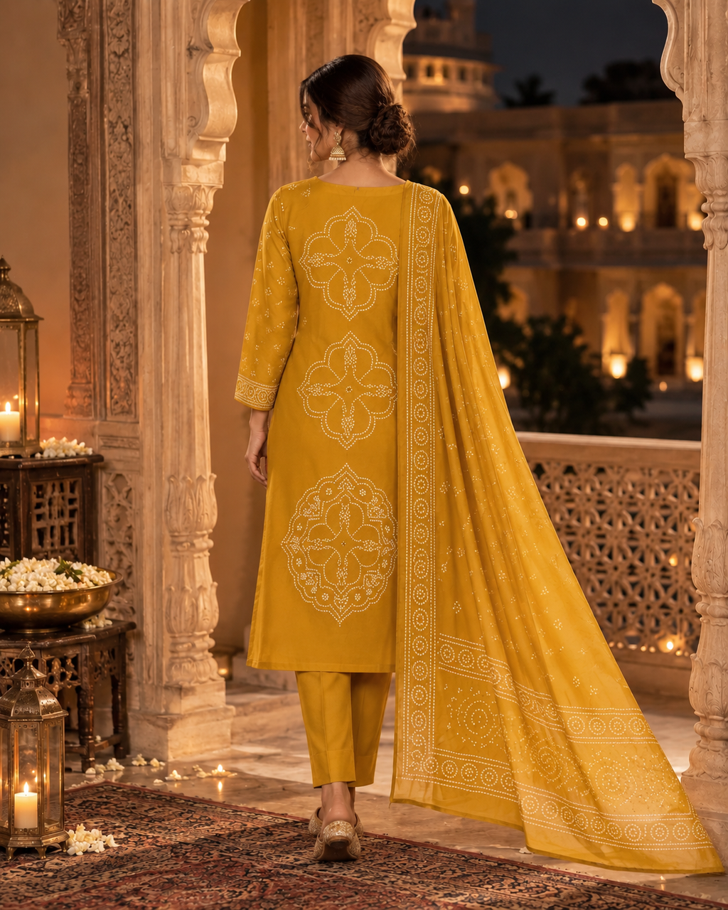 Mustard Yellow Printed Muslin Suit Set