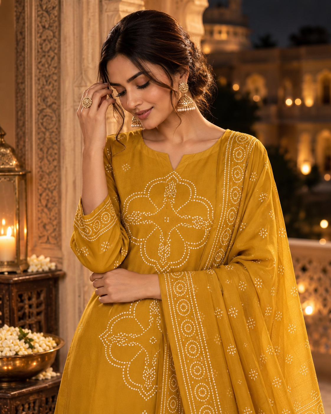 Mustard Yellow Printed Muslin Suit Set